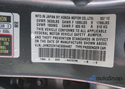 2012 Honda Insight Ex z USA, uszkodzony, nr VIN JHMZE2H74CS004467